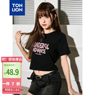 唐獅（TonLion）2025女前胸印花短款短袖T恤 黑色 S