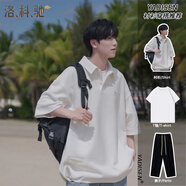 洛科馳夏季港風(fēng)短袖polo衫套裝男寬松T恤休閑搭配三件套痞帥穿搭一整套 【三件套】白色+純棉短T白+黑褲 XL