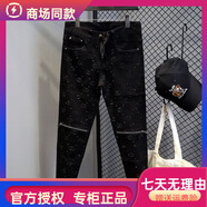 酷奇歐洲站潮牌新款膝蓋拉鏈拼接牛仔褲男滿(mǎn)身燙鉆潮流黑色修身小腳褲 燙磚拉鏈黑 S 適合90-100斤