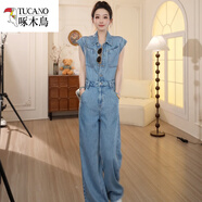 啄木鳥(niǎo)高檔炸街時(shí)尚工裝休閑褲簡(jiǎn)約慵懶風(fēng)無(wú)袖藍色牛仔連體褲女夏季2025 藍色 藍色 L 建議105斤-120斤