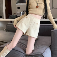 冉藝嵐同款復(fù)古辣妹白色休閑褲短褲女春季新款熱褲小個(gè)子外穿靴褲a字版 米白色[-] S