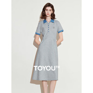 初語(yǔ)清爽珠地連衣裙女2025新款撞色POLO領(lǐng)收腰裙子A型裙 淺花灰色 XL