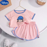 迪士尼（Disney）女童夏裝卡通套裝2025短袖新款寶寶衣服兒童休閑中小童短褲兩件套 粉色可愛頭像套裝 80 【推薦身高70-80厘米】