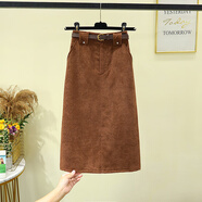 皮爾卡丹（pierre cardin）設計感女秋冬裙復古高腰修身燈芯絨半身裙口袋開(kāi)叉大尺碼包臀中長(cháng) 6號冒釘耳燈芯絨中長(cháng)    巧克力 S