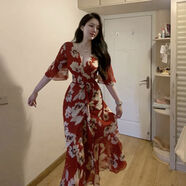 QVNL裙子女夏季2025新款法式連衣裙夏天女裝300斤大碼微胖mm赫本碎花 紅色碎花裙 2XL 碼 建議150-200d