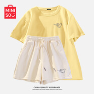 名創(chuàng)優(yōu)品（MINISO）運(yùn)動(dòng)套裝女夏季2025年新款純棉短袖小個(gè)子休閑夏裝搭配一整套女裝 鵝黃+奶白(m線條蝴蝶) 2XL (體重150-170斤)