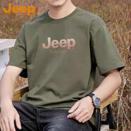 吉普（JEEP）美國正品全棉短袖T恤夏季薄款男士上衣新款寬松休閑純棉半袖體恤 灰綠色【官方正品】 XL 推薦135-150斤