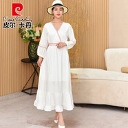 皮爾卡丹2025夏季新款棉麻修身顯瘦v領(lǐng)純色簡(jiǎn)約旅拍網(wǎng)紅民族風(fēng)情連衣裙女 白色 均碼