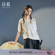 日著原創(chuàng)純棉針織短袖T恤女2025秋新款嵌花圓領(lǐng)不對(duì)稱洋氣上衣女 明月白 S