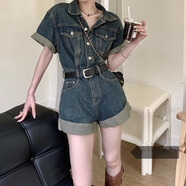 爾山集復古牛仔連體褲復古港風卷邊短褲女夏季收腰顯瘦闊腿褲連衣褲套裝 M【100-115斤】