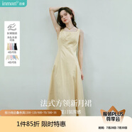 茵曼（INMAN）法式收腰顯瘦方領(lǐng)吊帶連衣裙女裝2025夏季新品長裙子 淺黃色 M