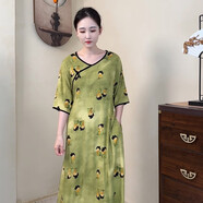 酷章（KUZHANG）新中式復(fù)古國(guó)風(fēng)氣質(zhì)名媛甜美印花年輕款改良旗袍連衣裙女夏季新款 小糖人有口袋 包邊款 XL 裙長(zhǎng)120CM適合身高150-160
