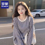 羅蒙（ROMON）長袖t恤女春秋季新款撞色條紋百搭圓領(lǐng)長袖T恤女百搭寬松休閑上衣 藍條紋 L