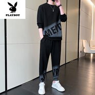 花花公子（PLAYBOY）高端休閑運動套裝男春秋季高街圓領(lǐng)字母跑步衛(wèi)衣一套搭配帥氣上衣 黑色. M 90-120斤