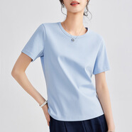 修嫻（soossn）絲光棉短袖T恤女25夏季新款圓領純色寬松打底衫正 冰湖藍 M