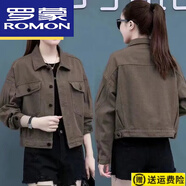 羅蒙（ROMON）高檔女裝牛仔小外套女短款2024春秋新款韓版寬松百搭夾克流行短裝 咖色 M 建議105-120斤