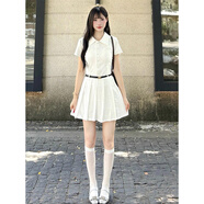 茯見(jiàn)2025法式學(xué)院風(fēng)polo領(lǐng)拼接高級感連衣裙a字修身收腰小個(gè)子短裙 白色（配皮質(zhì)腰帶） M