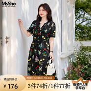 MsShe雪紡收腰碎花連衣裙大碼女裝2025夏裝胖mm巨顯瘦連衣裙子 【短袖-B款】雪紡連衣裙-黑色現(xiàn)貨 6XL