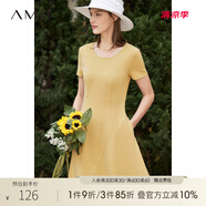 AMII法式復古a字連衣裙女年夏季新款赫本風(fēng)顯瘦圓領(lǐng)修身裙子 杏黃 （建議拍大一碼） M 160/84A