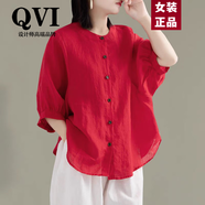QVI高端品牌 亞麻短袖襯衫女2025夏季新款薄款寬松休閑顯瘦棉麻上衣 紅色 2XL 【 建議131-145斤】