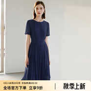 顏域（YANYEE）短袖百褶連衣裙2024夏天新款女裝氣質(zhì)女神范收腰顯瘦氣質(zhì)a字裙 深藍 S/36