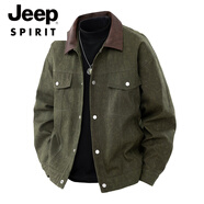 JEEP SPIRIT美式復古做舊夾克男士潮牌單排扣翻領(lǐng)機車(chē)外套寬松百搭休閑上衣服 軍綠色 M