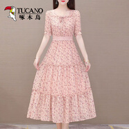 啄木鳥(niǎo)裙子2025年新款女夏季中長(cháng)款顯瘦仙女超仙森系短袖雪紡碎花連衣裙 粉色 M 【85-105】
