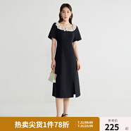 獨束大碼女裝優(yōu)雅蕾絲花邊領(lǐng)小黑裙夏裝赫本風高腰A字中長款裙子 赫本黑-長款 M (尺碼：1)
