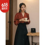 貓容港味女裝復(fù)古港風(fēng)連衣裙子80年代懷舊服裝90感穿搭整套裝秋 紅色長袖波點(diǎn)襯衣+半身裙 M