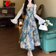 皮爾卡丹（pierre cardin）大l碼女裝法式復(fù)古油畫碎花連衣裙秋冬新款長袖宮廷風(fēng)長裙子 圖片色 XL 120-135斤