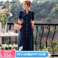 Olrain歐芮兒法式牛仔連衣裙夏季女裝收腰復(fù)古港風(fēng)開叉裙子衣服 牛仔藍(lán) XL