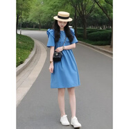 皮爾卡丹（pierrecardin）夏季2025新款海邊度假娃娃裙子法式小個(gè)子藍(lán)色荷葉邊連衣 藍(lán)色 2XL 130-145斤