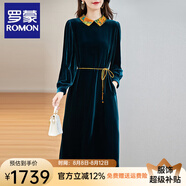 羅蒙（ROMON）品牌連衣裙絲絨秋冬新款中年媽媽冬裝高檔真絲加厚長袖裙子中長款 藍色 L
