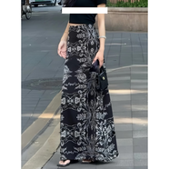 維多利亞的格調(diào)法式復(fù)古高腰水墨花半身裙女夏2025新款遮跨顯瘦雪紡碎花包臂長裙 水墨黑半身裙 L 110-120