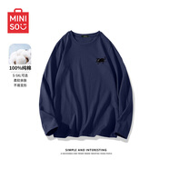名創(chuàng)優(yōu)品（MINISO）秋季2025新款潮流長袖t恤男圓領(lǐng)寬松純棉體恤全棉上衣男裝打底衫 藏青(mt摸魚黑貓胸標(biāo)) 2XL /185(體重160-180斤)