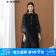 S.DEER圣迪奧女裝圓領(lǐng)格紋網(wǎng)紗抽繩長(zhǎng)袖連衣裙S223Z12CU 黑色/91 S/160