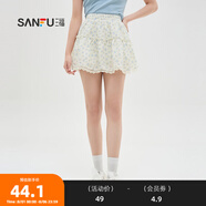 三福半身裙2024夏季碎花防走光內襯雙層短裙女裝483825 白底藍花（蕾絲下擺） 165/68A/M