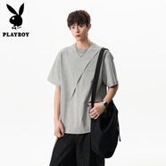 花花公子（PLAYBOY）cleanfit立體斜褶剪裁短袖男女夏季寬松boxy版型百搭情侶半袖t恤 淺灰色 M (推薦100-115斤)
