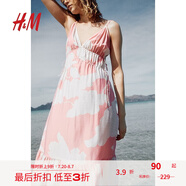 H&M女裝連衣裙夏季氣質(zhì)抽繩喇叭裙擺中長植物印花吊帶長裙1233862 淺粉色/花卉 XL 170/116