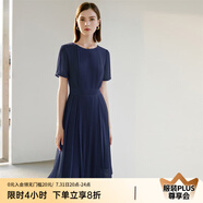 顏域（YANYEE）短袖百褶連衣裙2024夏天新款女裝氣質(zhì)女神范收腰顯瘦氣質(zhì)a字裙 深藍 S/36