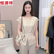 恒源祥棉麻時(shí)尚套裝女2025年夏季新款氣質(zhì)設計感OL風(fēng)圓領(lǐng)短袖襯衫九分褲 米杏色（單上衣） L 80-110斤