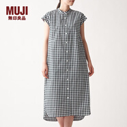 無(wú)印良品 MUJI 女式 棉混彈力 法國袖連衣裙 BCL14A0S 黑色X格子 L
