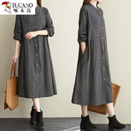 啄木鳥(niǎo)秋季新款韓版長(cháng)袖棉麻連衣裙女中長(cháng)款寬松休閑格子亞麻襯衫裙 黑色 L 【120-135斤】