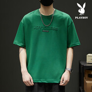 花花公子（PLAYBOY）短袖t恤男士夏季2025新款立體鋼印寬松體恤男生圓領(lǐng)長袖上衣男款 2301 墨綠 5XL 【190-200斤】