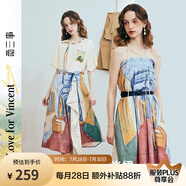 兩三事梵高文藝 藝術(shù)長廊 2025夏季新款復(fù)古印花抽繩綁帶兩穿半身裙 花色 M