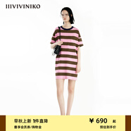 IIIVIVINIKO2024夏季新款休閑H型條紋短袖T恤連衣裙女R421102649C 粉紅 S