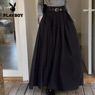 花花公子（PLAYBOY）復古西裝半身裙女春秋2025新款高腰顯瘦口袋百褶裙大擺A字長(cháng)裙子 黑色【送腰帶】裙長(cháng)90款 常規 M 建議95-110斤