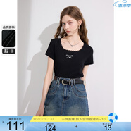 三彩2025夏季新款燙鉆蝴蝶結(jié)T恤花邊U領(lǐng)正肩短袖修身短款純欲M