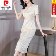 皮爾卡丹（pierre cardin）25年新款香云紗真絲連衣裙子女夏季中式國風(fēng)旗袍修身開(kāi)叉包臀長(cháng)裙 香檳色 S