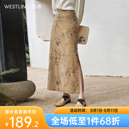 西遇復古中國風絲絨半身裙2024春季新款高級感高腰A字型長款半裙 卡其色 27